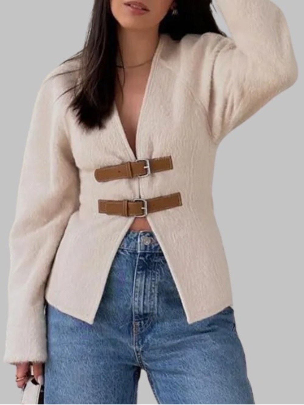 Zara Cream Teddy Jacket with Tan Buckle Straps